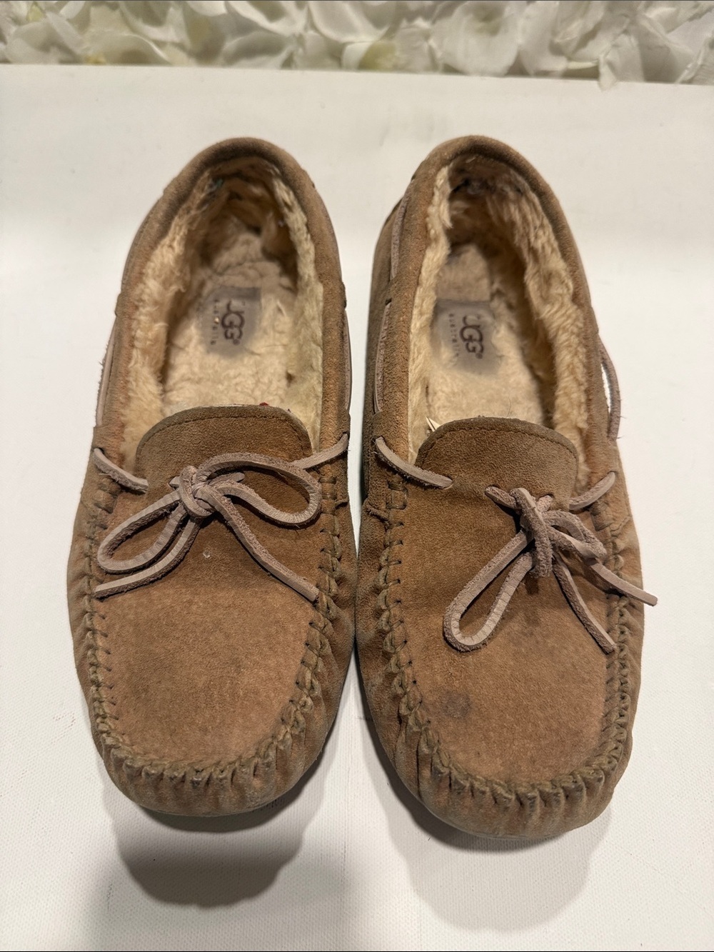 UGG Chestnut Brown Suede Shearling Lined Moccasin Slippers